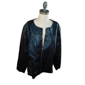 Colleen Lopez Size 3X Faux Leather Plus Size Zip Front Black Jacket EUC